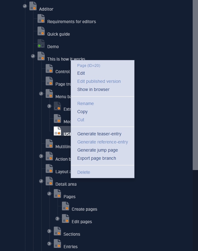 Screenshot Seitenbaum Menü Rechtsklick